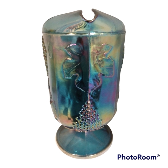 Vintage Carnival Glass Blue Iridescent Harvest Grape Pitcher - Picture 3 of 4